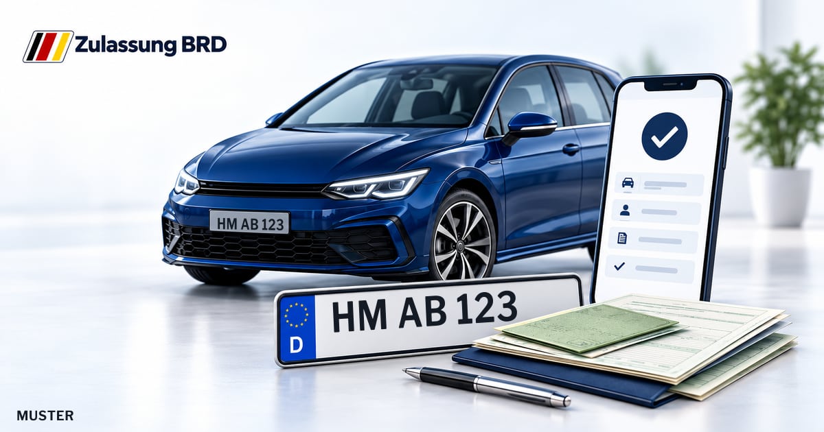 Online Fahrzeugzulassung in Hessisch Oldendorf: Musterkennzeichen HM AB 123, Auto und Fahrzeugpapiere und Smartphone. Illustration mit Logo von Zulassung BRD.